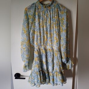 Fate Blue & Yellow Floral Long Sleeve Ruffle Dress Size Large
